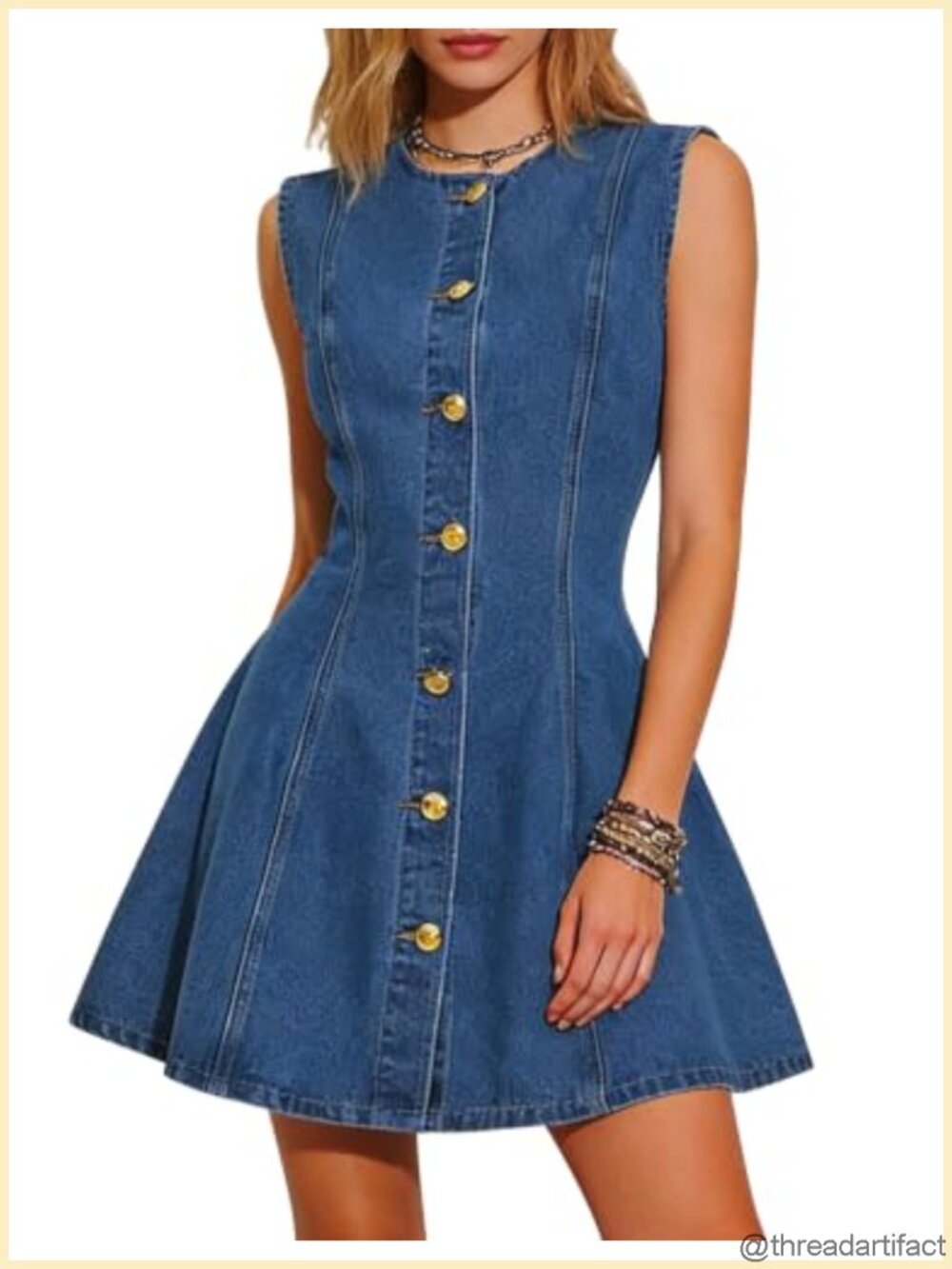 Sleeveless Denim Mini Dress A-Line Button Front Pockets Casual